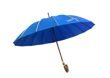 Rüzgar Dayanıklı J Şekli Mavi Golf Şemsiye, Yağmurlar Şemsiye Ahşap Saplı